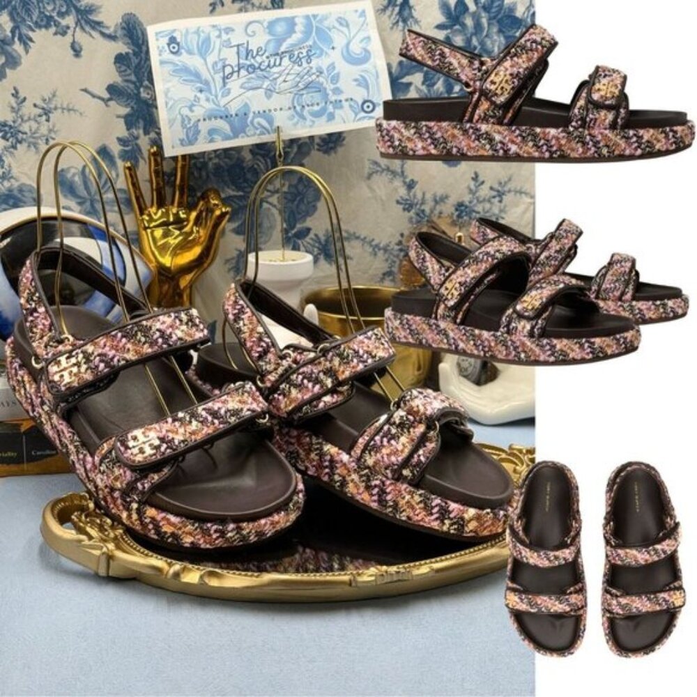 🆕 TORY BURCH 🧿 NWOB Kira Sport Sandal, Rose Cocoa Multi Tweed Dad Sandal Sz7.5